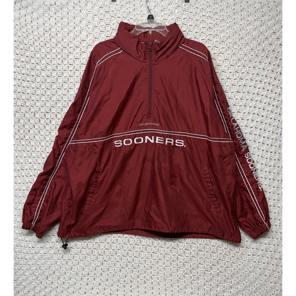 Red Oak Oklahoma Sooners Hooded Windbreaker Mens 2XL Red 1/2 Zip Pullover VTG